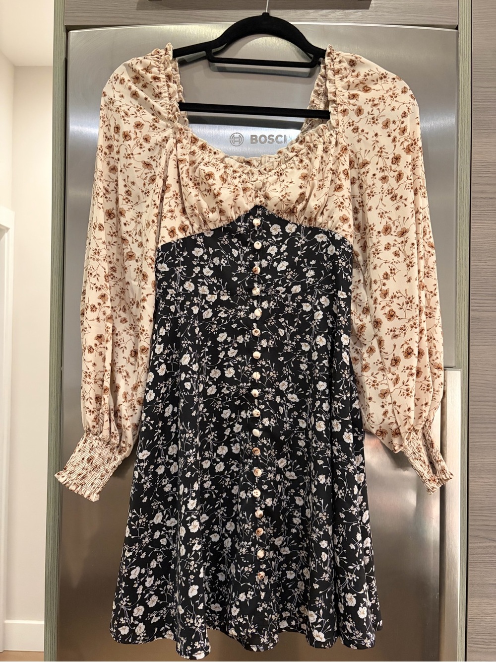 Kiss the Sky Boho Two-Tone Floral Midi Dress - Cream & Black XS